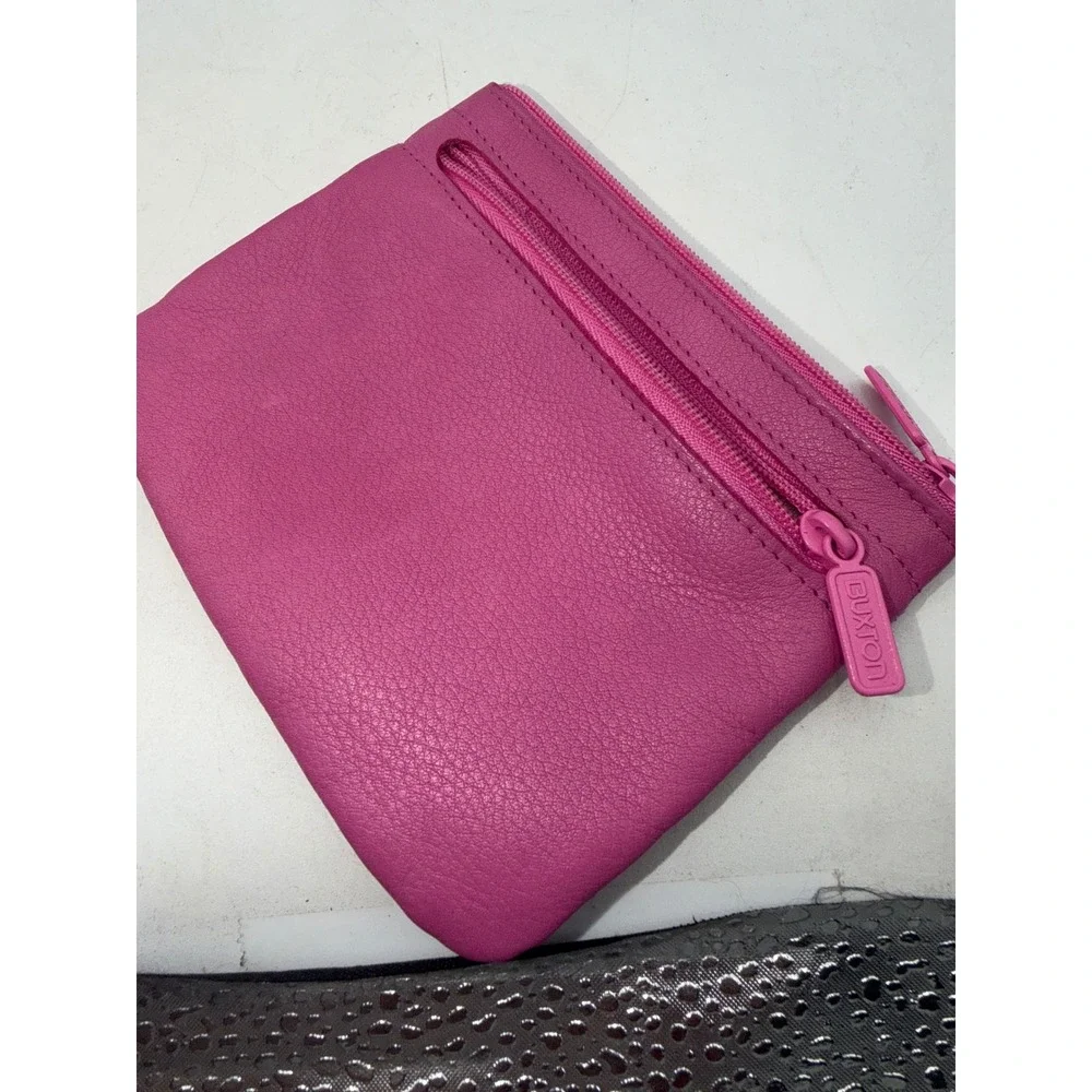 Buxton Pink Genuine Leather Card Case ID Window Coin Purse Key Ring Zip Pouch